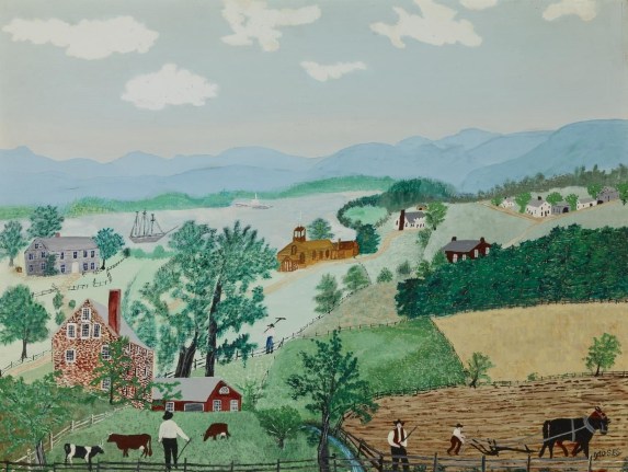 Image of sold oil painting by Grandma Moses of a boy plowing a field with a team of horses and a man tending cattle in another field.