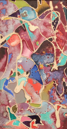 Image of sold mixed media painting entitled &quot;Bluebird and Old Sour-Puss&quot; by William H. Littlefield showing an abstraction in many colors with sand mixed in.