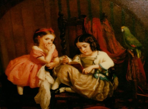 Image of sold oil painting by George Lambden of two young girls, one sitting and reading, with a parrot.