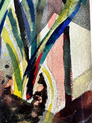 Image of closeup detail of Jessie Bone Charman's watercolor of a potted hyacinth plant.