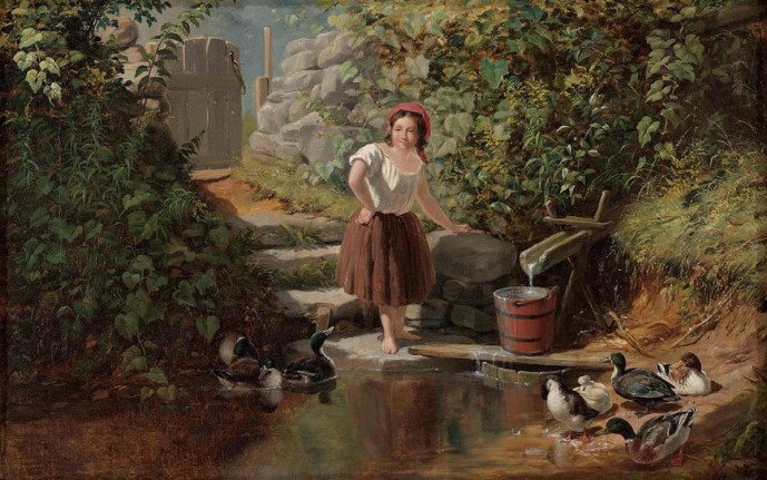 Image of oil painting titled &quot;Pleasant Thoughts&quot; by Arthur Fitzwilliam Tait showing a young girl in a brown skirt and white blouse filling a bucket from a spring head which is next to a pond with ducks.