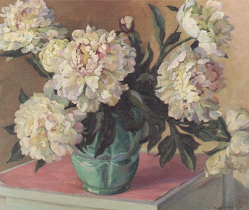 Image of Amy Jones sold 1932 oil painting of a green vase filled with whitish-pink peony flowers.