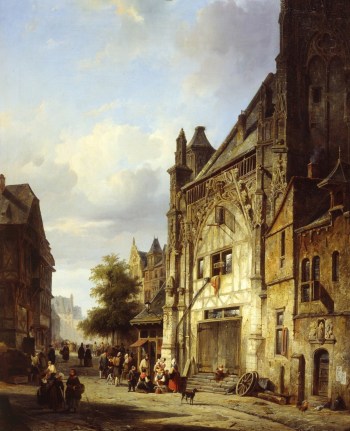 Image of sold oil painting of village sScene with people and animals by Cornelis Springer.