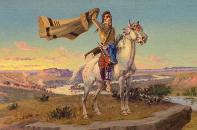 Image of sold oil painting by Olaf Seltzer showing a Blackfeet Buffalo Scout holding a blanket and sitting astride a white horse.