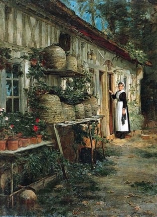 Image of Henry Bacon's 1881 oil painting titled "Beekeeper's Daughter" showing a young girl in black dress and white apron, looking at several bee skeps on shelves attached to the house.