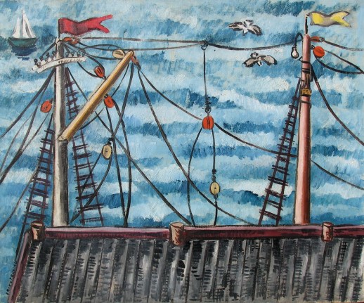 Image of Irene Rice Pereira's oil painting titled &quot;Masts&quot; showing the masts of a ship at dock against a blue sea.