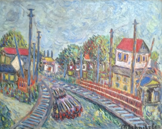 Image of sold oil painting by Max Scnhitzler titled "Train Tracks" showing a spit set of train tracks running through a neighborhood.