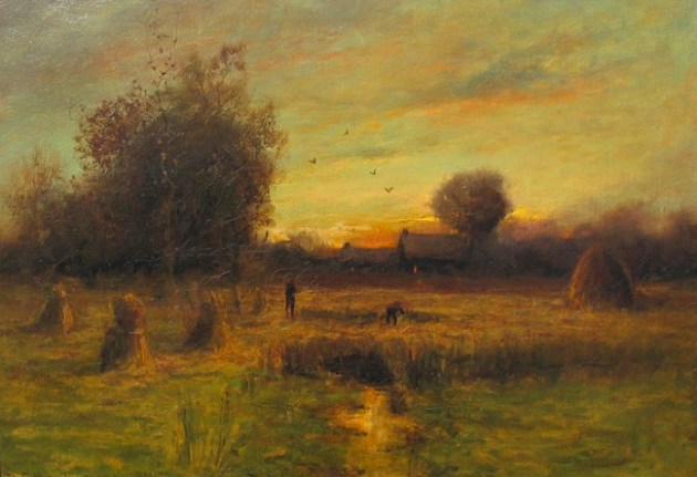 Image of sold oil painting by Dubois Fenelon Hasbrouck showing a harvest scene at sunset with two people still haying in a field.
