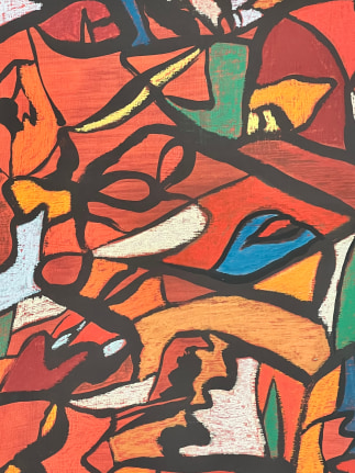 Closeup image of untitled abstraction (004) by Fred Martin in reds and other colors.