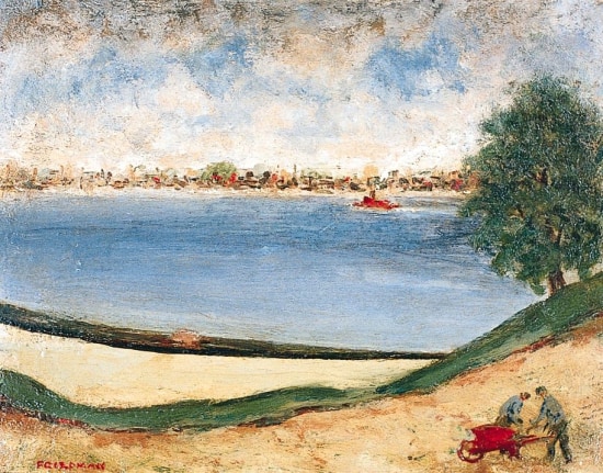 Image of Arnold Friedman's sold oil painting &quot;New York Harbor&quot; showing two people with a red wheelbarrow on a beach with the city in the distance.