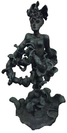 Image of a large bronze abstract sculpture titled "Yulla with Elaborate Head Piece" by Yulla Lipchitz.