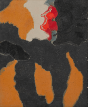 Image of Stanley Twardowicz abstraction &quot;No. 7&quot; in brown, black, white and red.