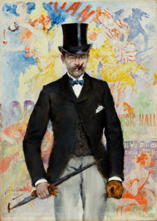 Image of Nicolas Escalier's sold oil painting entitled &quot;The Count&quot; showing a man in formal wear and top hat with a cane in one hand, smoking a cigar.