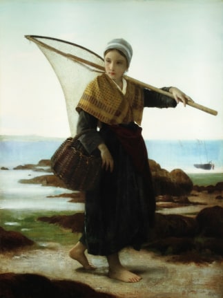 Image of sold painting by William Bouguereau entitled &quot;The Fishing Girl&quot; showing a barefoot peasant girl walking along the beach with a basket and large, hand-held fishing net.