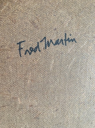 Image of signature on untitled (015) abstract painting by Fred Martin in multiple colors outlined in black.