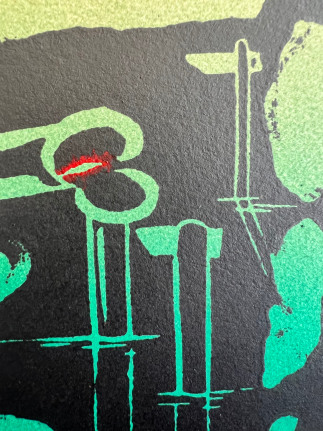 Closeup image of untitled 1974 abstract lithograph by Hans Burkhardt in greens, red and black.