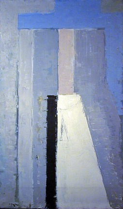 Image of sold abstract oil painting by Maurice Grossman entitled &quot;Wedding&quot; showing abstract shapes in blues, white and black.
