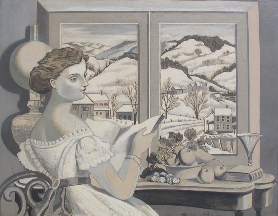 Image of oil painting by Francis Criss titled "Winter Morning" showing a young woman in a white dress sitting at a table reading, and looking out the window at a snowy hillside.