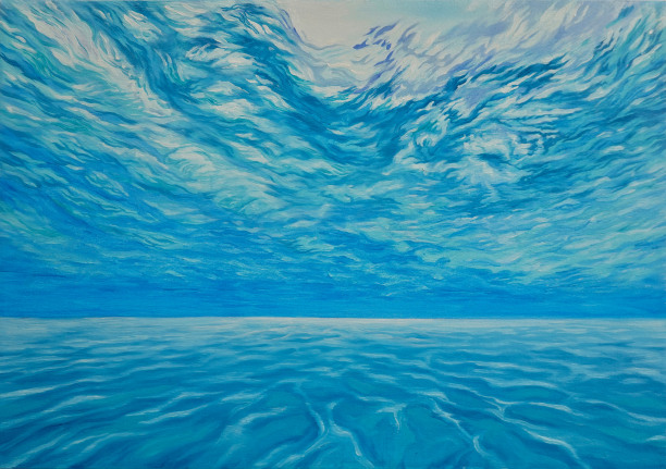 Image of Nikolina Kovalenko's oil painting "The Ocean of Clouds" showing an underwater view up towards the waves on the ocean surface.