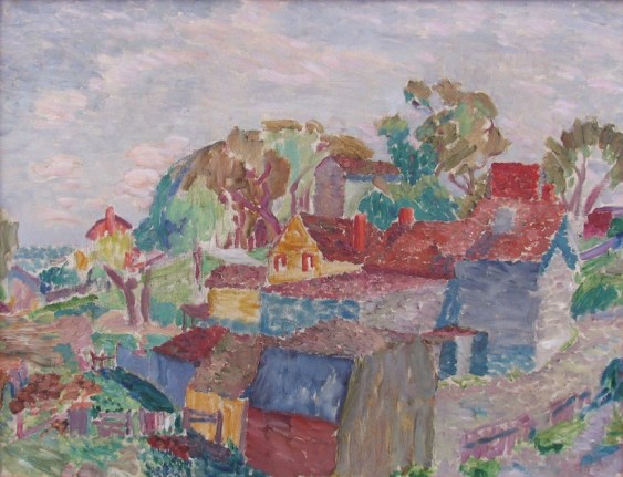 Image of sold painting by George Ferdinand Of entitled &quot;Houses, Westchester&quot; showing a hillside with many buildings and trees.