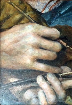 Image of sold untitled oil painting by Fernando Palicio showing a pair of hands holding paintbrushes.