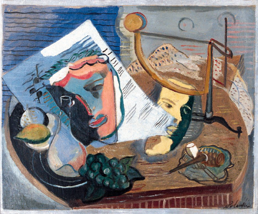 Image of sold oil still life oil painting by Louis Schanker of a tabletop arrangement of grapes, pipe, water jug and mask drawings.