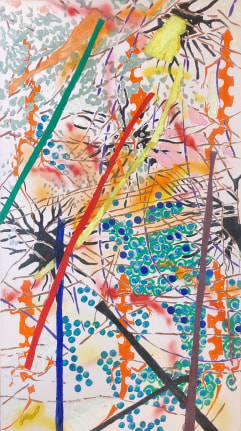 Image of sold abstract oil painting by Nancy Graves entitled &quot;Extract&quot; with red, green, blue, yellow and many other colors on a light background.