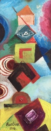 Image of David Burliuk sold oil Abstraction in bright bold colors.