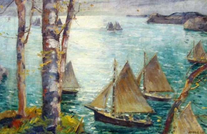 Image of sold painting by Jonas Lie entitled &quot;Silver Dawn&quot; showing a natural harbor with several sailboats in the foreground and in the distance.