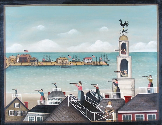 Image of Ralph Cahoon's sold painting entitled &quot;Women with Spyglasses Looking to Sea&quot; showing ten females on widow walks near a harbor with spyglasses..