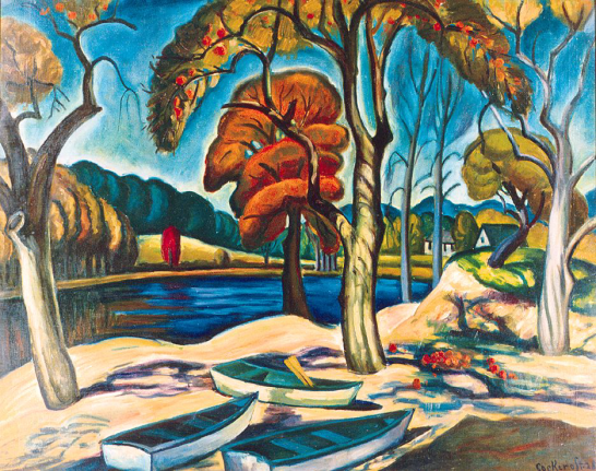 Image of Edith Cockcroft sold oil painting entitled &quot;Sloatsburg, New York&quot; depicting a stylized woodland near a lake with three rowboats pulled up on the bank.