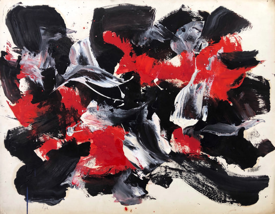 Image of mixed media untitled (159) artwork by John Von Wicht in red, black and white.