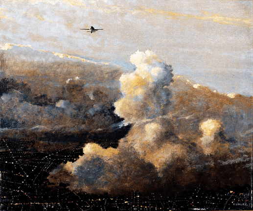 Image of sold oil painting by Eric Sloane showing a cloudscape over Roslyn, Long Island at night with a plane flying in the distance.