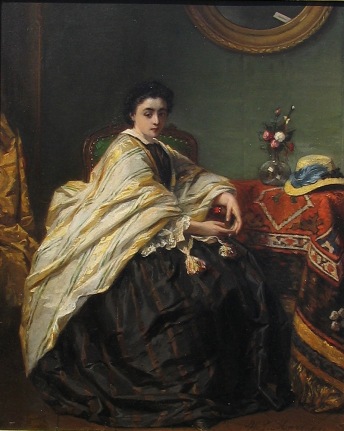 Image of sold painting by Willem Martens showing a woman in a luxurious cream and gold striped shawl sitting in a green-walled room.