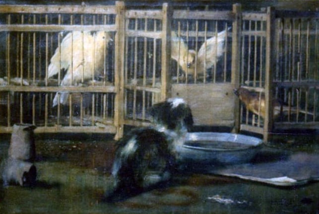 Image os sold painting by John Haberle entitled &quot;Whose Water Dish&quot; showing a kitten trying to drink out of a water dish set near a bird cage with three birds.