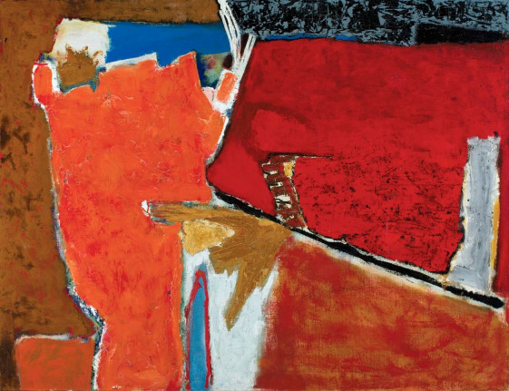 Image of sold abstract expressionist oil painting by Wilfred Croteau entitled &quot;#44&quot; in reds, oranges, blues, white and light browns.