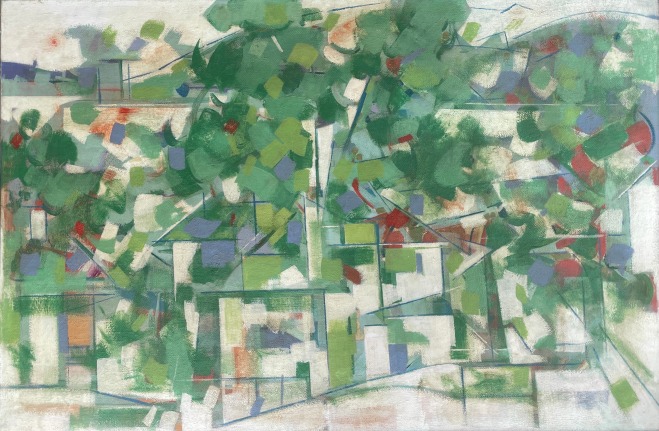Image of sold untitled abstract oil painting by Carl Holty in greens with red accents.