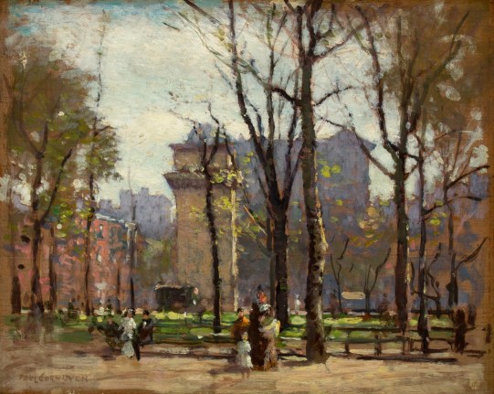 Image of sold oil painting by Paul Cornoyer showing an impressionist view of Washington Square Park with figures.