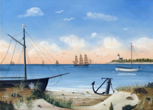 Image of sold Martha Cahoon's painting of a quiet bay with boats and a lighthouse in the distance.