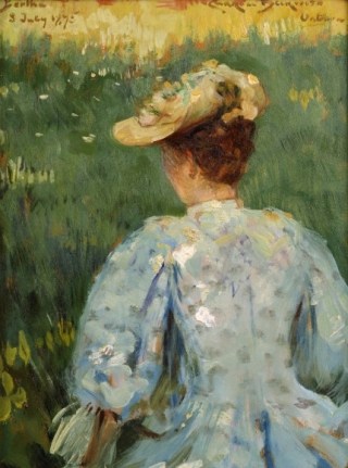 Image of J. Carroll Beckwith's sold 1895 oil painting &quot;Bertha with Hat&quot; depicting a woman seen from the back, dressed in a blue, long-sleeved dress wearing a light colored hat with flowers.