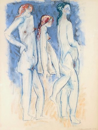 Image of Hans Burkhardt untitled abstract pastel of three nudes women.
