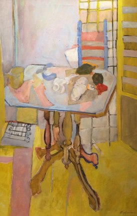 Imag of sold modernist oil still life painting by Nancy Kupferman of a room with yellow floor, a table and chairs.