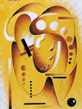 Image of a sold painting by Tom Robertson of a biomorphic abstraction in yellow, browns and white.