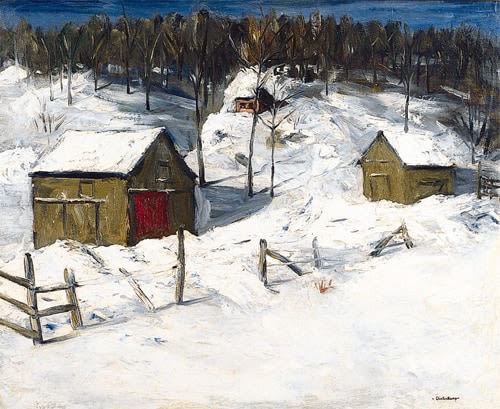 Image of sold painting by Henry Glintenkamp entitled &quot;Shotwell's Barns in Winter&quot; showing a barn and outbuildings in a winter landscape.