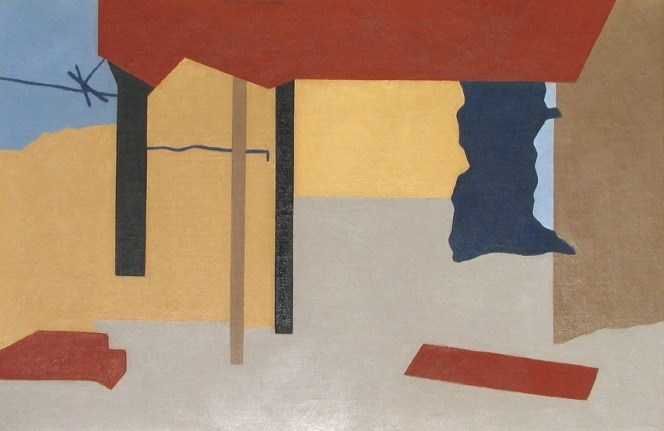 Image of Ralston Crawford's sold oil painting entitled &quot;Cologne Landscape&quot; showing an abstract scene in yellow, rusty-red, blues and grey..