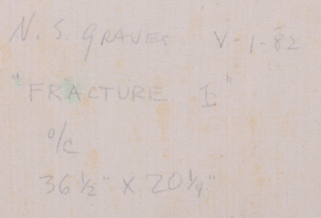 Image of verso inscription of artist's name, title, medium and size on &quot;Fracture I&quot; painting by Nancy Graves.