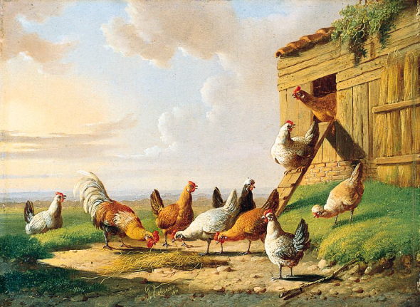 Image of sold oil painting by Albertus Verhoesen of a chicken coup and several chickens.