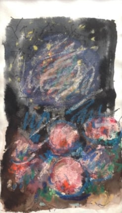 Untitled 1985 mixed media work on paper by Hans Burkhardt with several pink round shapes amidst a dark background.