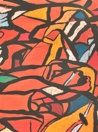 Closeup image of untitled abstraction (004) by Fred Martin in reds and other colors.