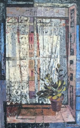 Image of sold oil painting of lace curtains by Jenne Magafan.